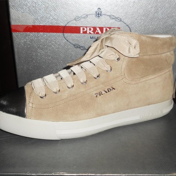 PRADA Beige Suede Ribbon High Top Metallic Cap Toe Lace Up Sneakers Shoes - Picture 1 of 14